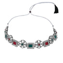 Etnico Silver Oxidised Floral Mirror Work Choker Necklace & Earrings Set For Women (MC201ZMG)