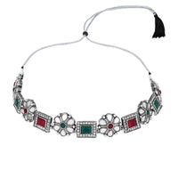 Etnico Silver Oxidised Floral Mirror Work Choker Necklace & Earrings Set For Women (MC201ZMG)