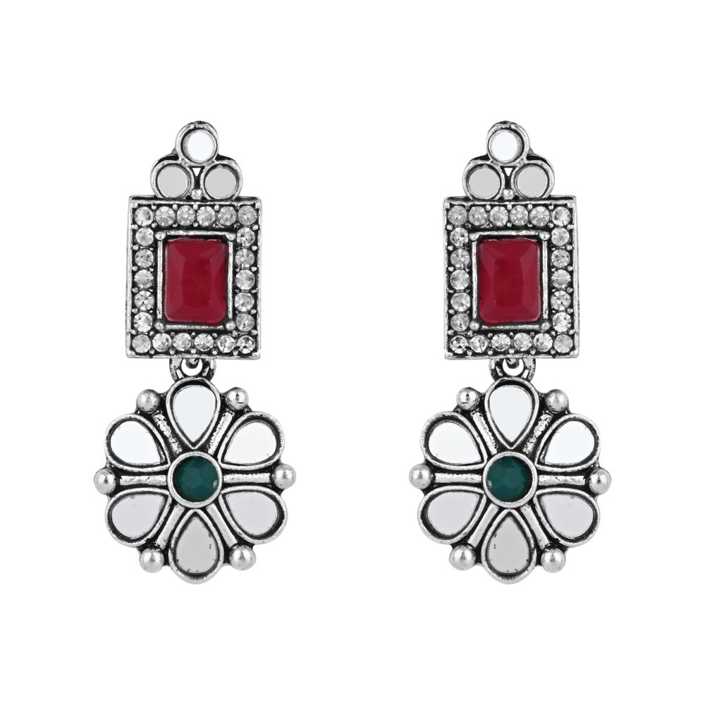 Etnico Silver Oxidised Floral Mirror Work Choker Necklace & Earrings Set For Women (MC201ZMG)