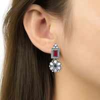 Etnico Silver Oxidised Floral Mirror Work Choker Necklace & Earrings Set For Women (MC201ZMG)