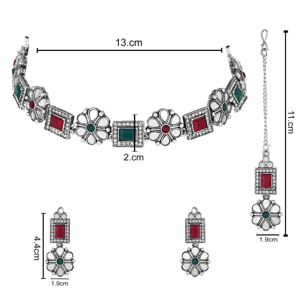 Etnico Silver Oxidised Floral Mirror Work Choker Necklace & Earrings Set For Women (MC201ZMG)