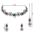 Etnico Silver Oxidised Floral Mirror Work Choker Necklace & Earrings Set For Women (MC201ZMG)