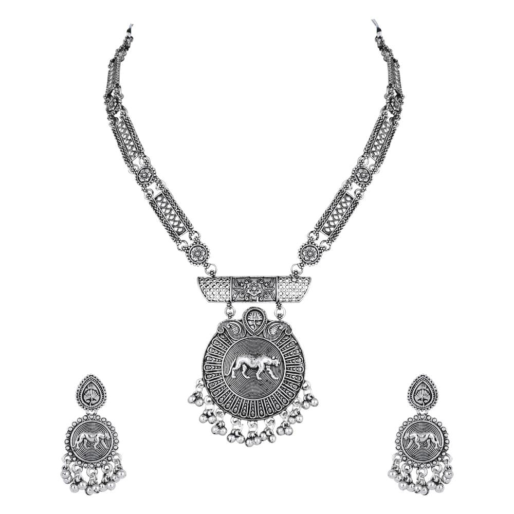 Etnico Silver Oxidised Long Necklace & Earrings Set For Women (MC203OX)