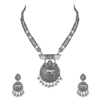 Etnico Silver Oxidised Long Necklace & Earrings Set For Women (MC203OX)