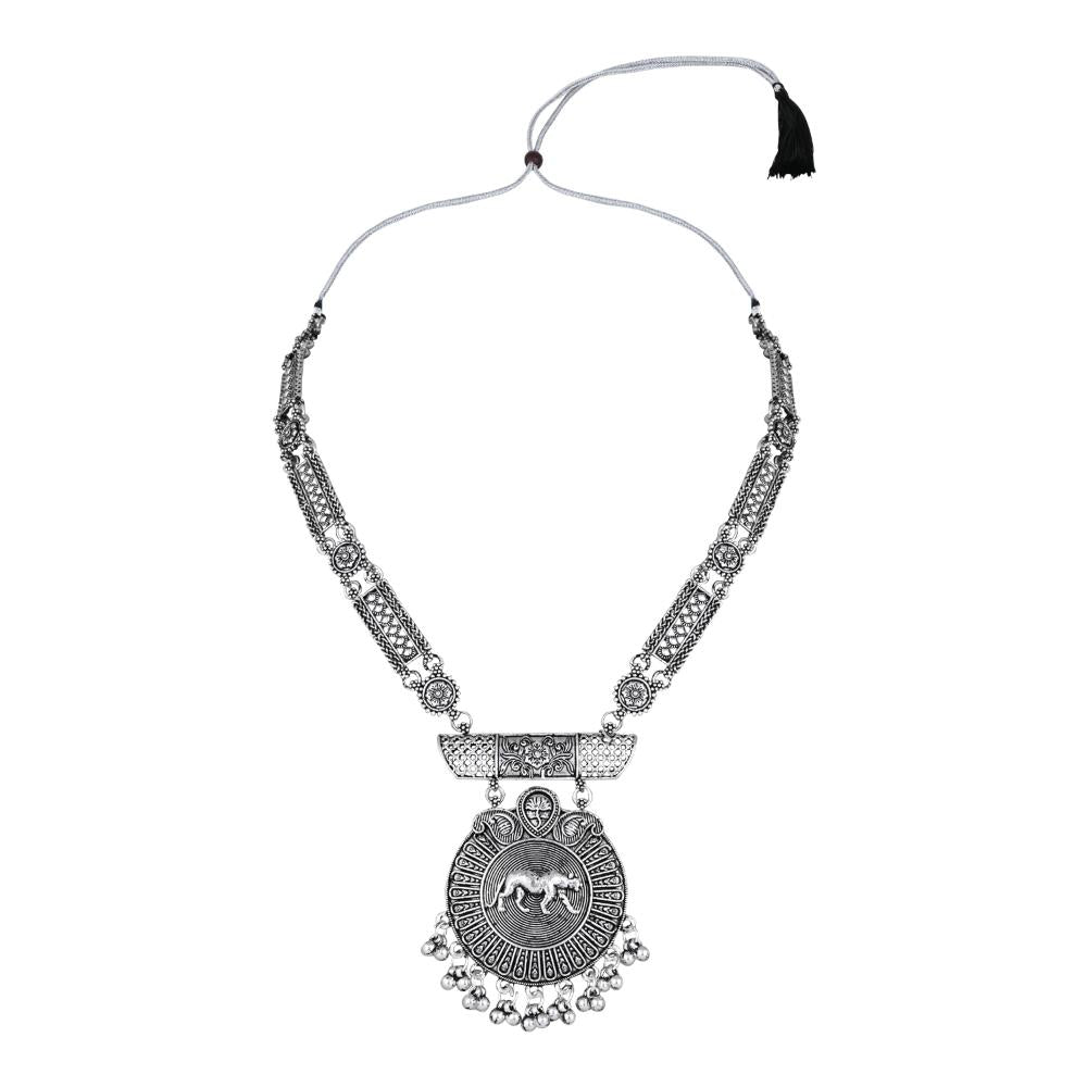 Etnico Silver Oxidised Long Necklace & Earrings Set For Women (MC203OX)