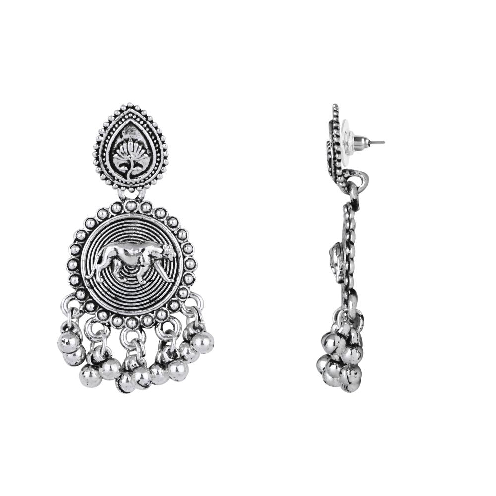 Etnico Silver Oxidised Long Necklace & Earrings Set For Women (MC203OX)