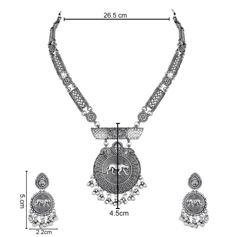 Etnico Silver Oxidised Long Necklace & Earrings Set For Women (MC203OX)