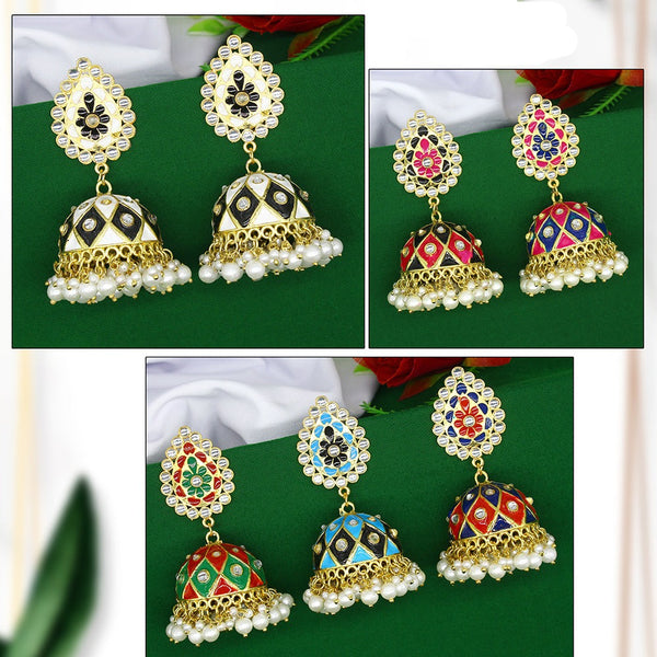 Mahavir Gold Plated Meenakari And Kundan Jhumki Earrings Combo