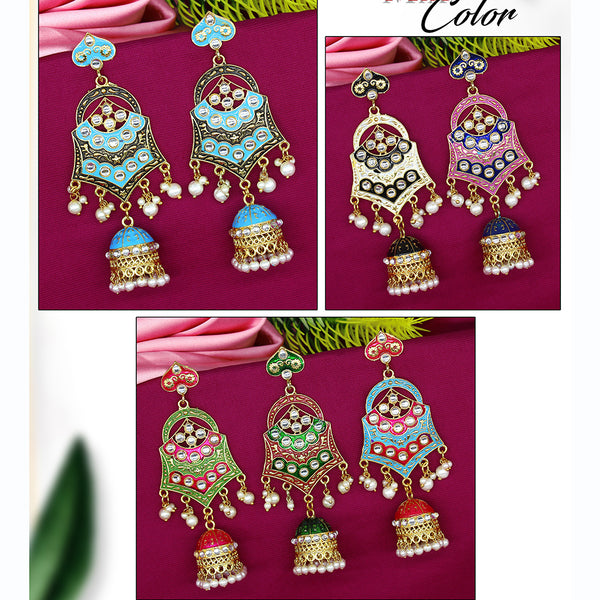Mahavir Gold Plated Meenakari And Kundan Jhumki Earrings Combo