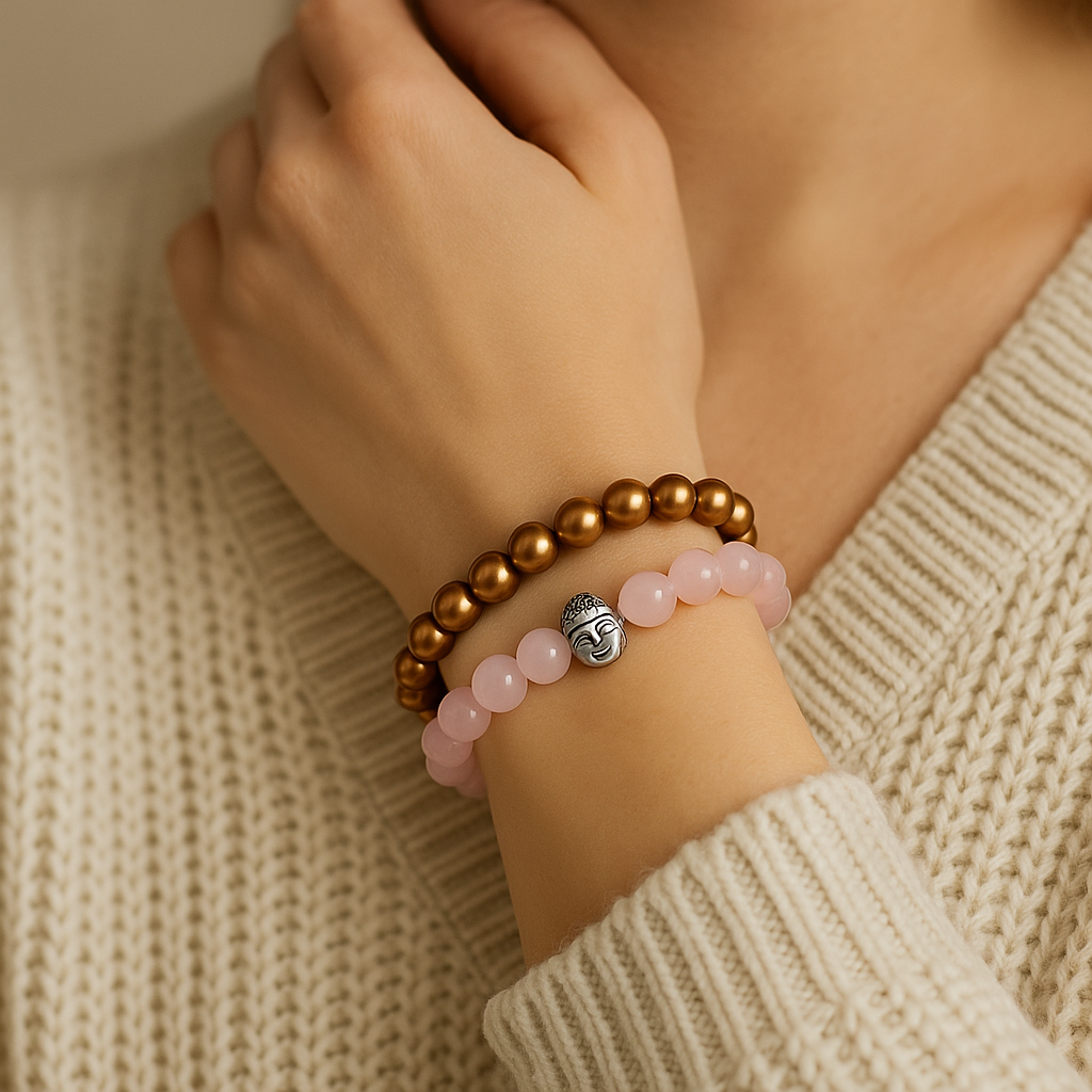 Etnico Bracelet Set for Women | Pink Beaded Bracelet with Buddha Charm and Brown Beaded Stretch Bracelet | Spiritual Style Bracelet Set for Balance, Harmony & Positive Energy | Gift for Women (MJB006-CO)