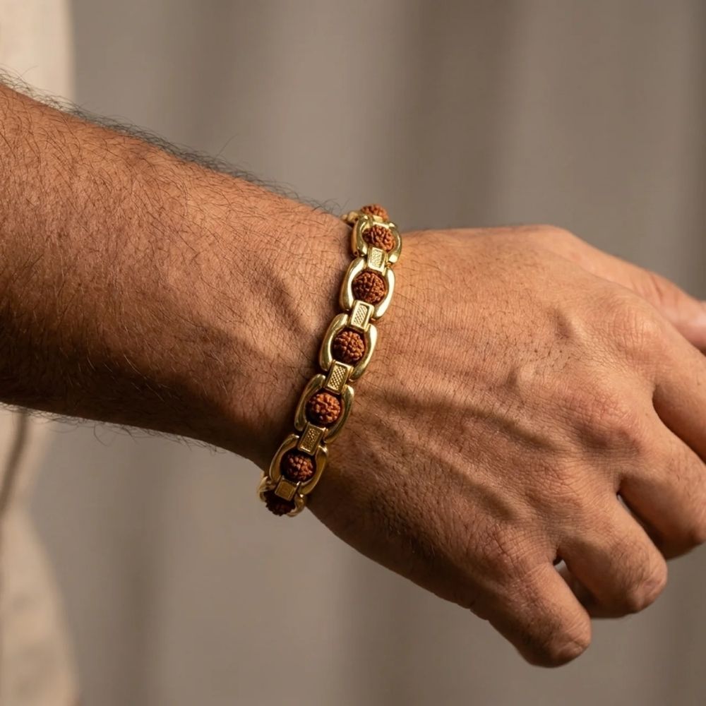 Etnico Gold Plated Rudraksha Bracelet for Men Women | Unisex Spiritual Link Kada | Traditional Beads Accessory for Grounding, Balance & Positive Energy | Meditation Yoga Wear | Gift for Men Women (MJB014ZFL)
