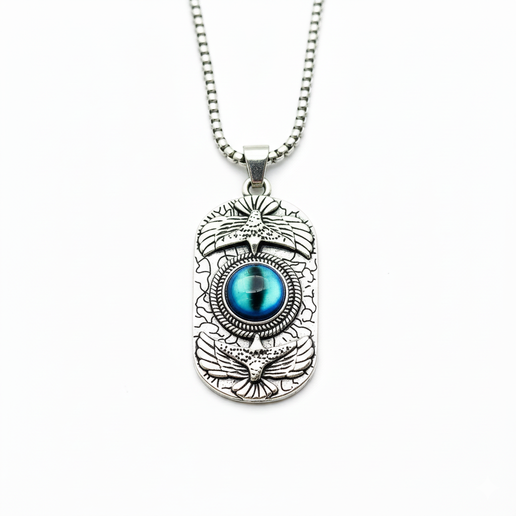 Etnico Silver Plated Pendant Necklace with Blue Cabochon & Bird Motif Detailing (MJN002S)