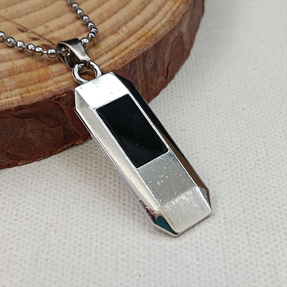Etnico Silver?Tone Hexagonal Pendant Necklace with Black Inlay & Ball Chain (MJN011S)