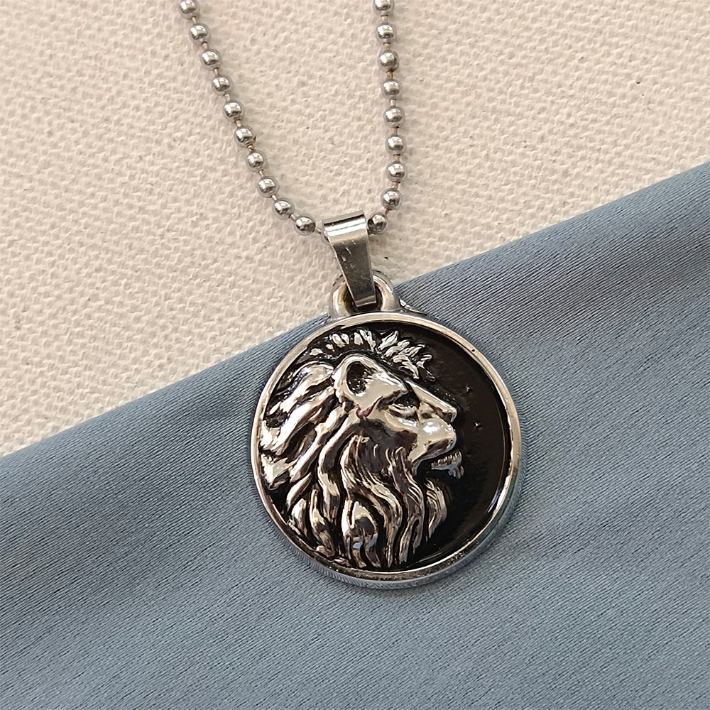 Etnico Silver?Tone Lion Head Pendant Necklace with Embossed Detailing & Ball Chain (MJN013S)