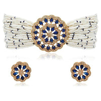Etnico Gold Plated CZ Crystal Pendant Pearl Choker Necklace & Earrings Set For Women (ML312Bl)