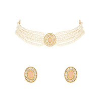 Etnico Gold Plated Traditional Stone Pearl Choker Necklace With Earrings Set For Women (ML321Pe)
