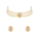 Etnico Gold Plated Traditional Stone Pearl Choker Necklace With Earrings Set For Women (ML321Pu)