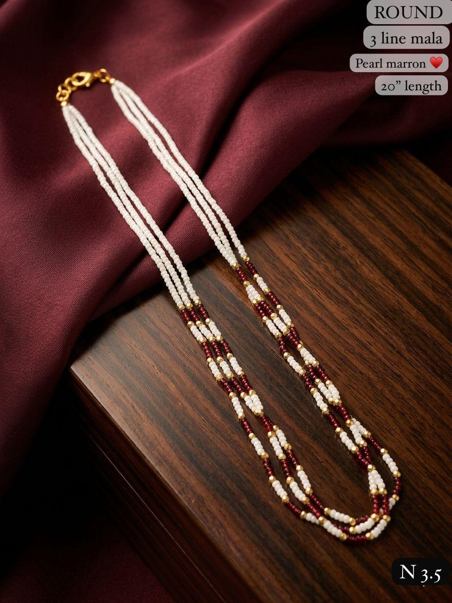 LAFZ Elegant 3-Line Maroon & Green Bead Mala Necklace – 20" Lenght  Festal Kantha Mala