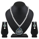 Mahi Peacock-Shaped Om Oxidised Silver Artificial Pearl Beaded Necklace Set for Women | Enamel & Crystals with Pearl Drop Earrings (NL1108125R)