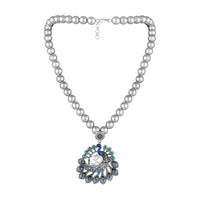 Mahi Peacock-Shaped Om Oxidised Silver Artificial Pearl Beaded Necklace Set for Women | Enamel & Crystals with Pearl Drop Earrings (NL1108125R)