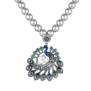 Mahi Peacock-Shaped Om Oxidised Silver Artificial Pearl Beaded Necklace Set for Women | Enamel & Crystals with Pearl Drop Earrings (NL1108125R)