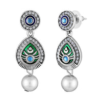 Mahi Peacock-Shaped Om Oxidised Silver Artificial Pearl Beaded Necklace Set for Women | Enamel & Crystals with Pearl Drop Earrings (NL1108125R)