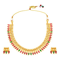 Mahi Traditional South Indian Temple Necklace Set with Earrings for Women | Bridal & Festive Jewellery Set | Kundan Red & Green Design (NL1108137G)