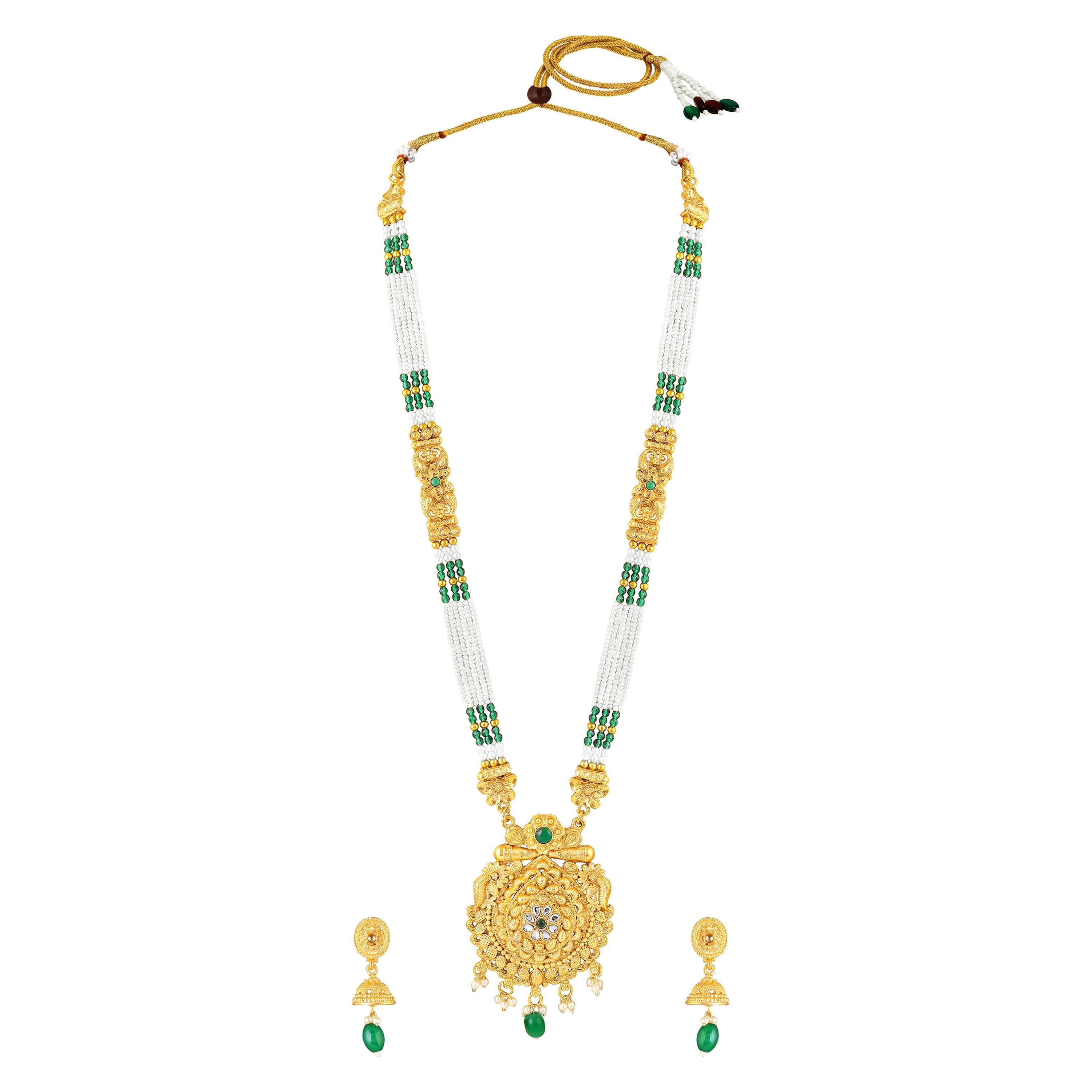 Mahi Traditional Temple Jewellery Kundan and Artificial Pearls Long Haram Necklace Set with Jhumka Earrings for Women | South Indian Bridal Jewellery (NL1108138G)