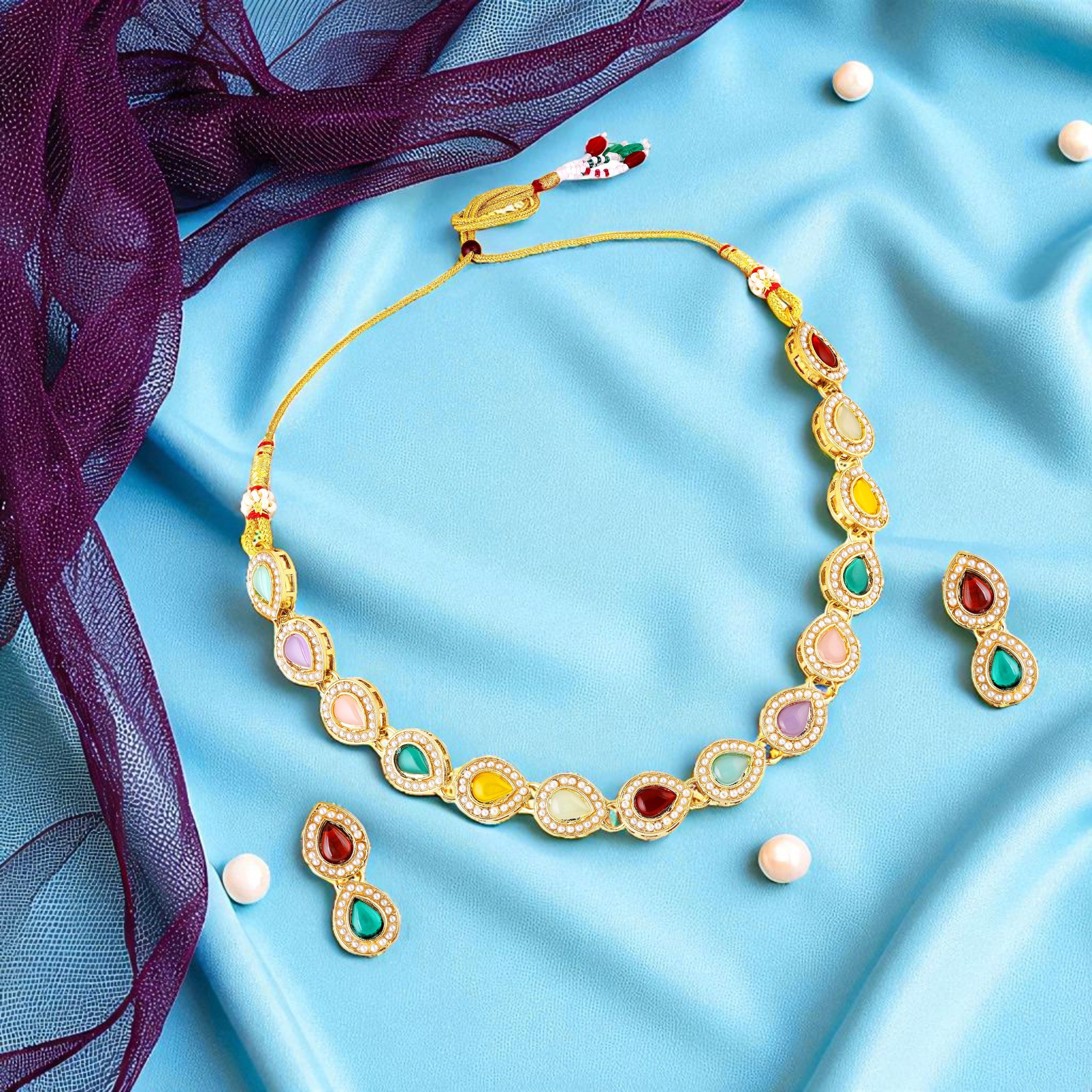 Mahi Traditional Multi-Color Kundan Necklace Set with Earrings for Women | Navratri Inspired Ethnic Jewellery for Wedding & Festive Wear (NL1108139GMul)