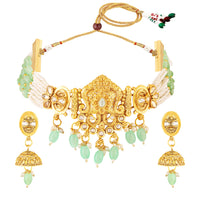 Mahi Traditional Gold Plated Choker Necklace Set with Earrings for Women | Kundan & Bead Work Temple Jewellery | Bridal & Festive Wear (NL1108144G)