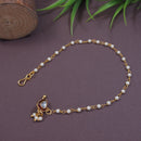 Etnico Gold Plated Traditional Bridal Nose Ring/Nath Without Piercing with Pearl Chain Encased with Pearl Stone for Women (NL111M)