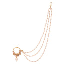 Etnico Gold Plated Traditional Bridal Nath/Nose Ring Without Piercing with Pearl Chain & Stone for Women (Gold)