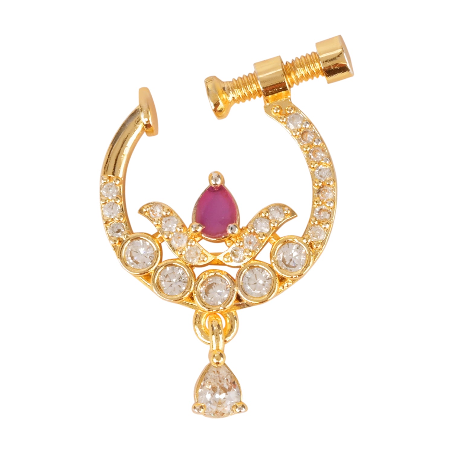Etnico Gold Plated Traditional Ethnic Nose Ring/Nath Without Piercing Encased with Stones for Women (NL189Q)