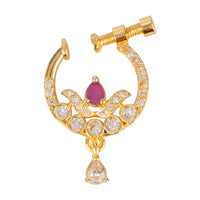 Etnico Gold Plated Traditional Ethnic Nose Ring/Nath Without Piercing Encased with Stones for Women (NL189Q)