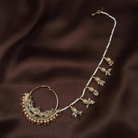 Etnico Gold Plated Bridal Nose Ring/Nath without piercing with Pearl Chain For Women (NL39R)