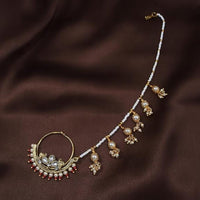 Etnico 18k Gold Plated Traditional Ethnic Bridal Nose Ring/Nath without piercing with Pearl Chain Encased with Pearl Stone for Women/Girls (NL40R)