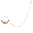 Etnico 18k Gold Plated Traditional Ethnic Bridal Nose Ring/Nath without piercing with Pearl Chain Encased with Pearl Stone for Women/Girls (NL41Q)