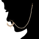 Etnico Gold Plated Traditional Ethnic Bridal Nose Ring/Nath without piercing with Pearl Chain Encased with Pearl Stone for Women/Girls (NL42W)
