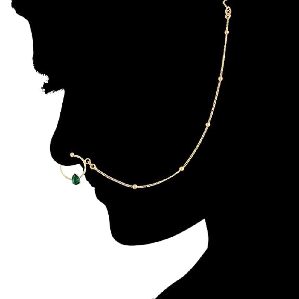 Etnico 18k Gold Plated Traditional Ethnic Bridal Nose Ring/Nath without piercing with Chain Encased with Pearl Stone for Women/Girls (NL44G)