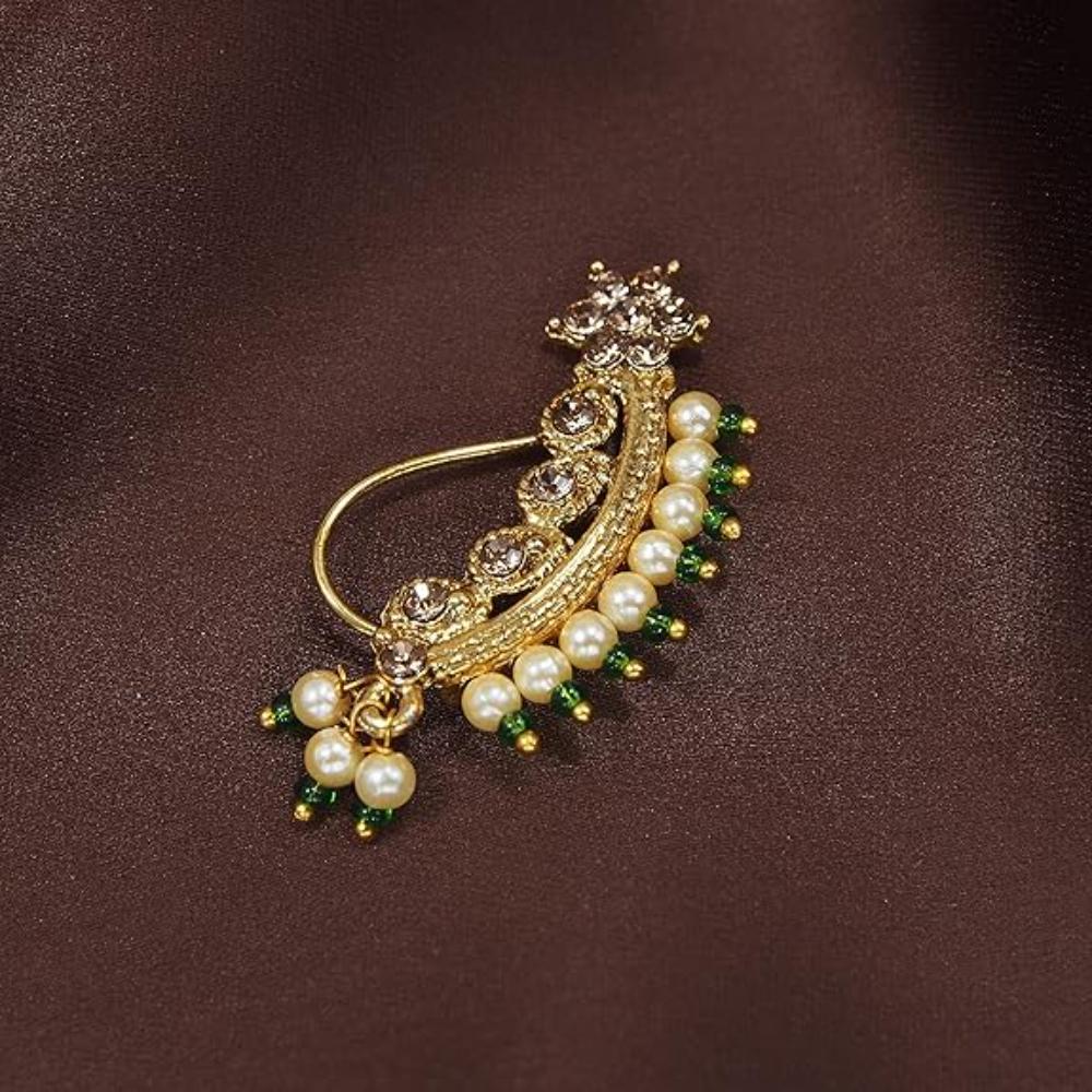 Etnico 18k Gold Plated Traditional Ethnic Bridal Nose Ring/Nath without piercing Encased with Pearl Stone for Women/Girls (NL45G)