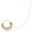 Etnico Gold Plated Traditional Ethnic Bridal Nose Ring/Nath Without Piercing with Pearl Chain Encased with Pearl Stone for Women/Girls (NL65M)