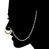 Etnico Gold Plated Traditional Ethnic Bridal Nose Ring/Nath Without Piercing with Pearl Chain Encased with Pearl Stone for Women/Girls (NL72MG)