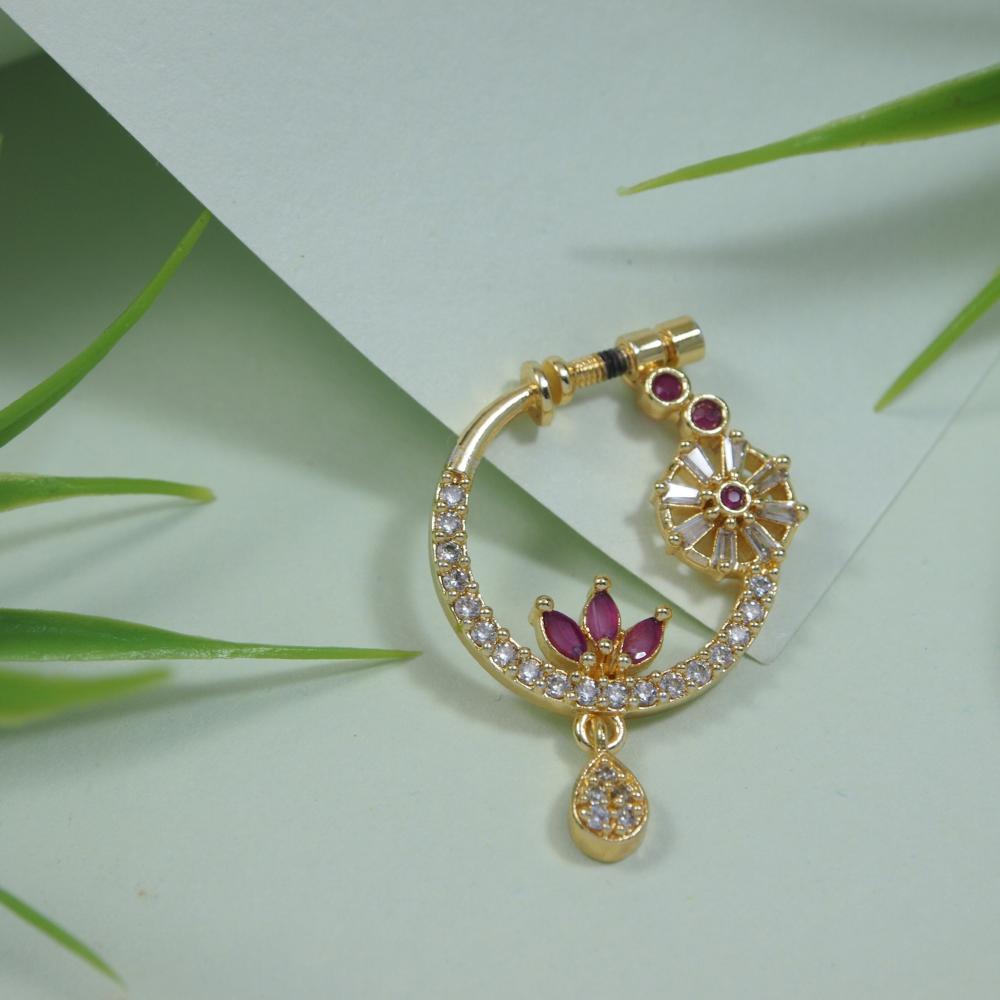 Etnico Gold Plated Traditional Floral Design Non-Piercing Screw Press Nose Pin/Nath For Women (NL76Q)