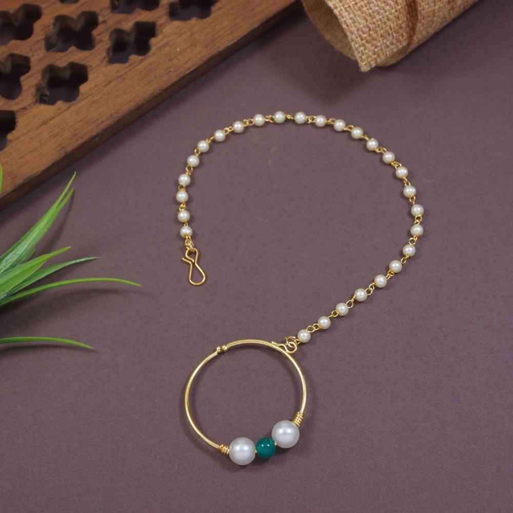 Etnico Gold Plated Ethnic Bridal Nose Ring/Nath without piercing with Single Pearl Chain For Woman (NL80G)