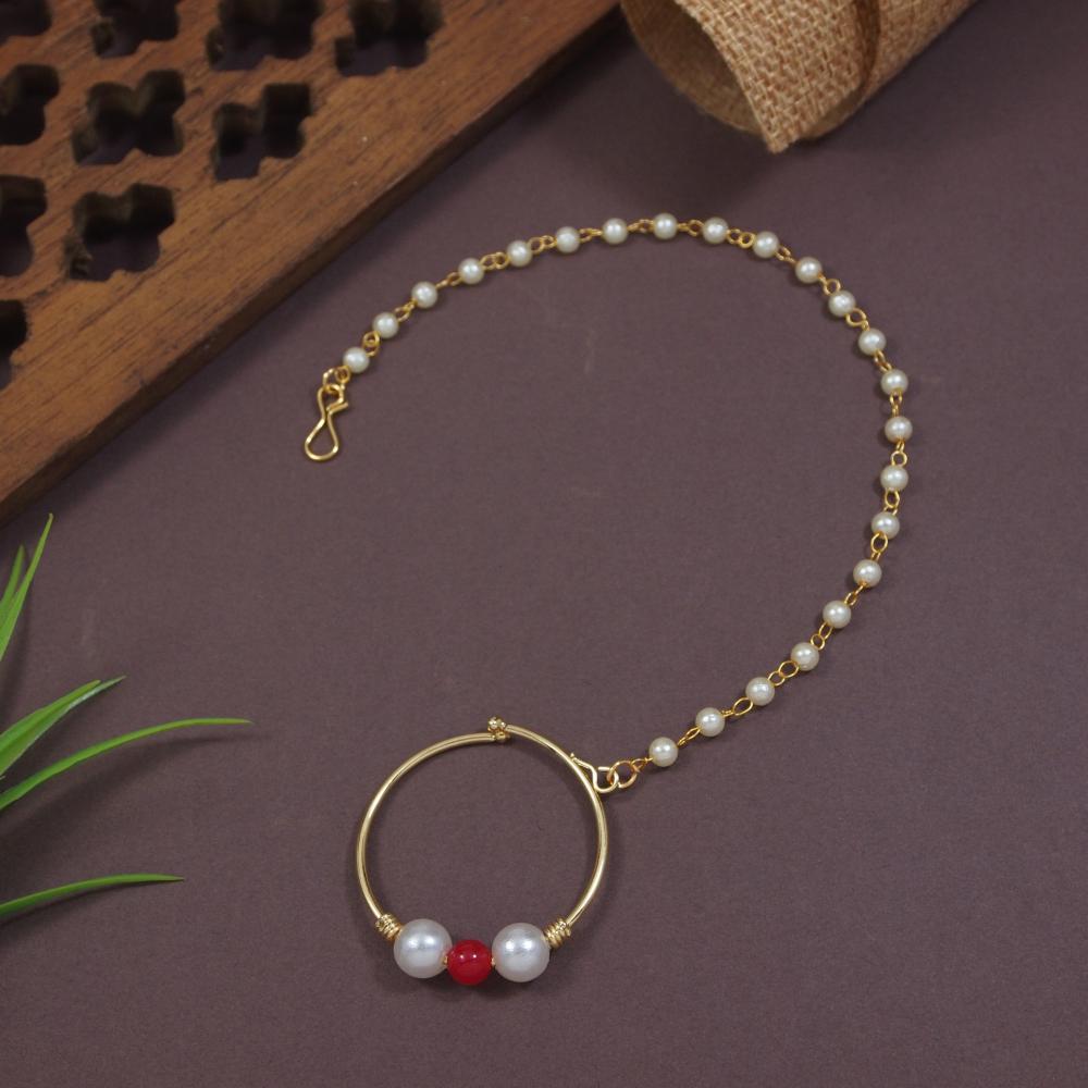 Etnico Gold Plated Ethnic Bridal Nose Ring/Nath without piercing with Single Pearl Chain For Woman (Red)