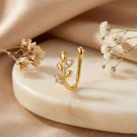 Mahi Gold Plated White Crystals Leaf Shaped Designer Non-Piercing Nose Ring | Vine Nose Pin for Women (NR1100176GWhi)