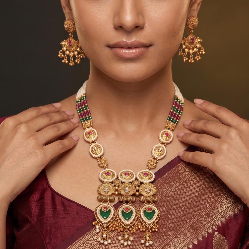 Js Fashion  Heritage Rajwadi Necklace Set With Pearl Beads And Earrings