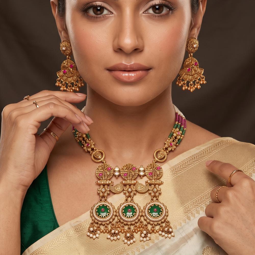 Js Fashion  Premium Rajwadi Polish Necklace Set Featuring Green Pink Stones