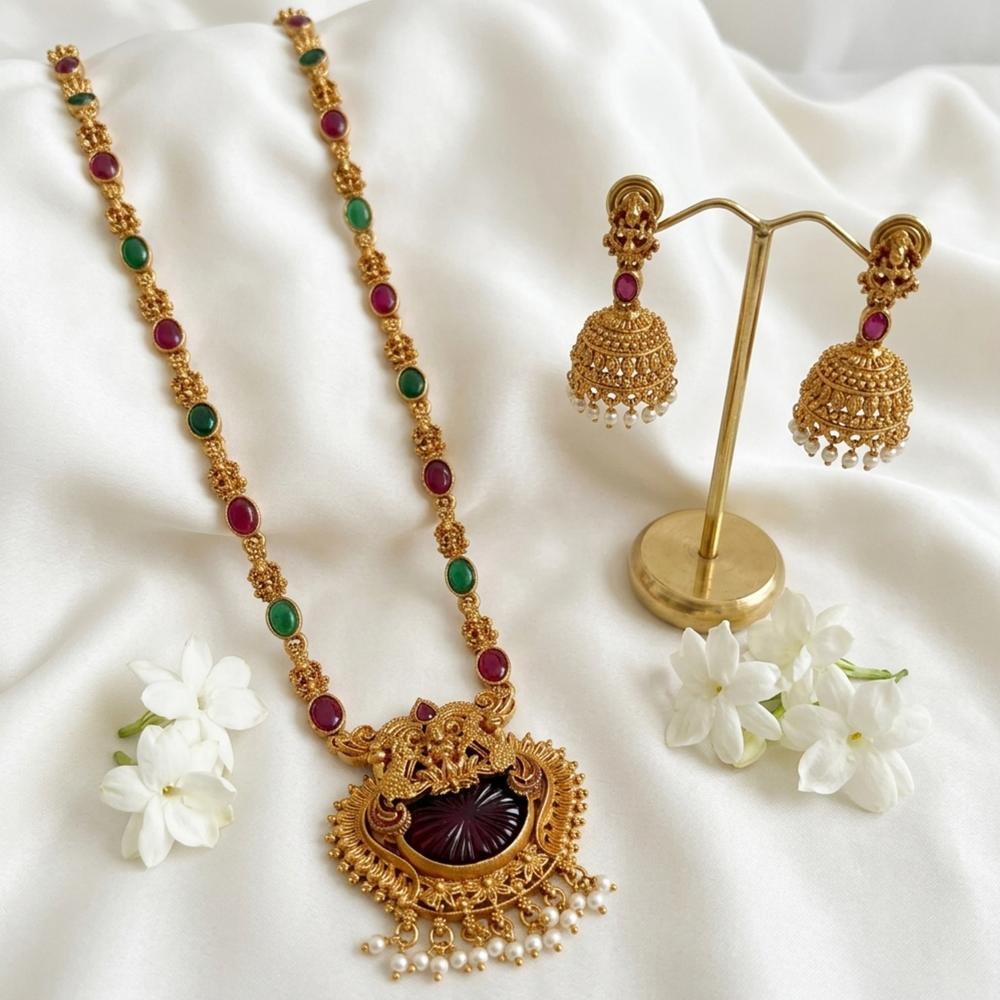 Js Fashion  Designer Temple Jewellery Necklace Set with Jhumka Earrings