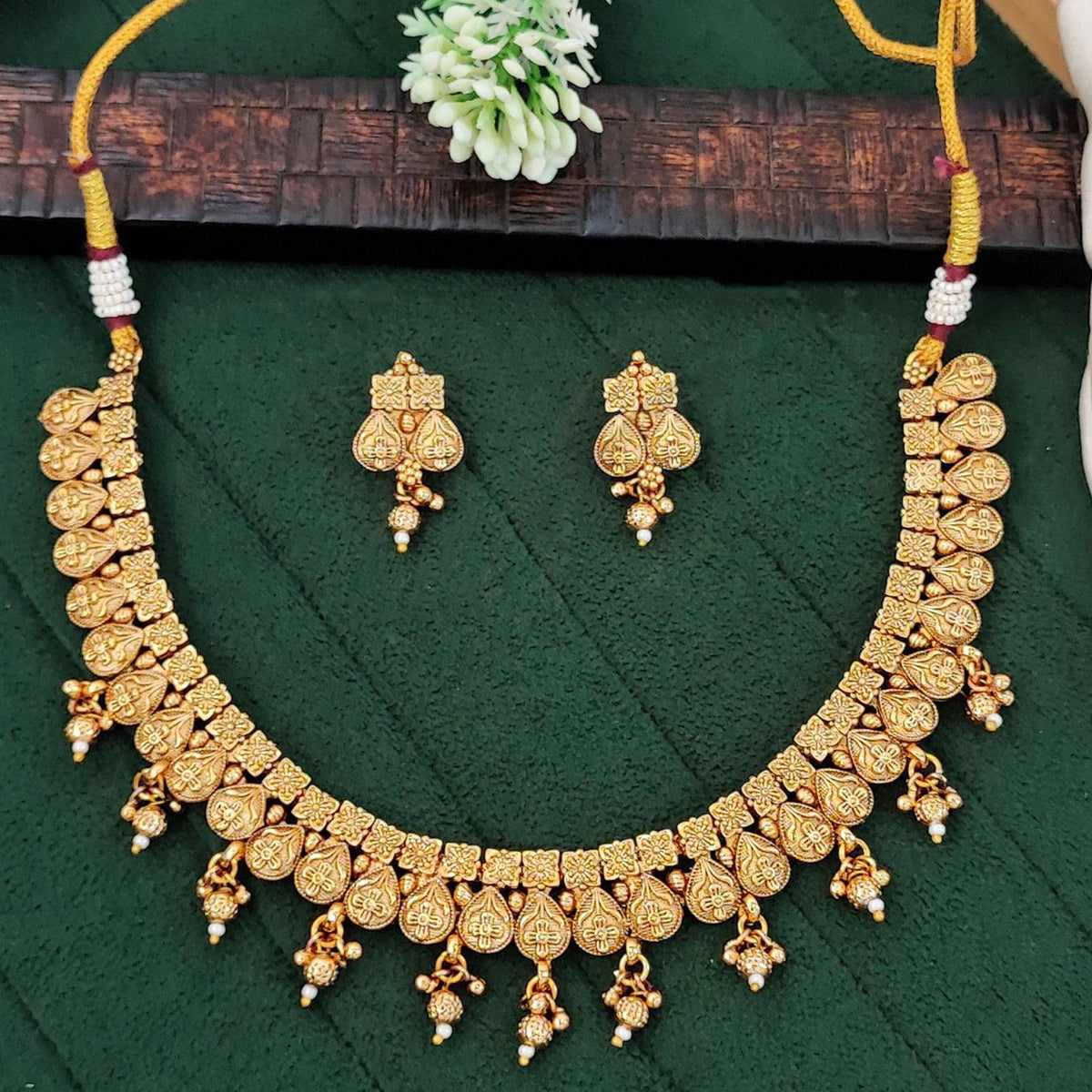 Js Fashion  Designer Antique Gold Necklace Set With Earrings